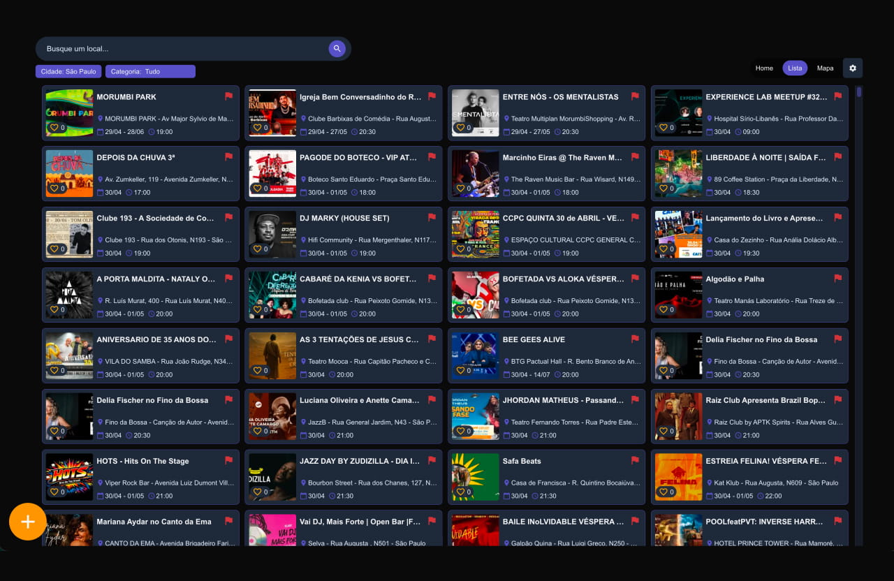 Lista de eventos do Bora App com cards