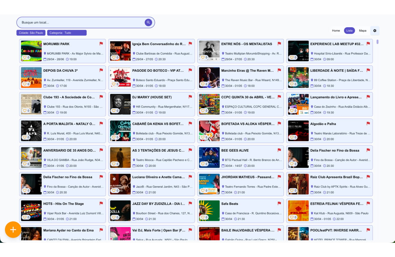 Lista de eventos do Bora App com cards