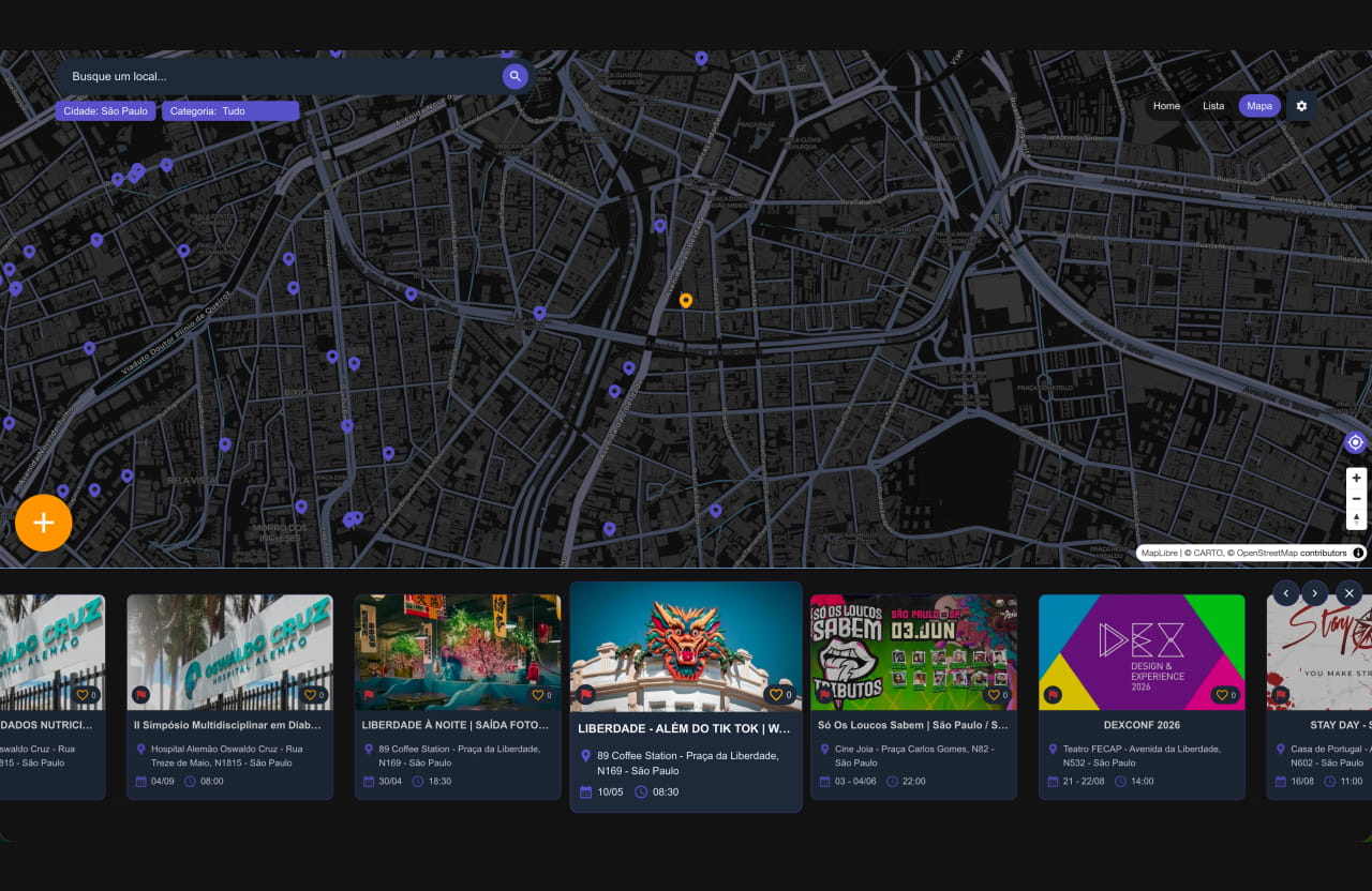 Mapa de eventos do Bora App em tela grande