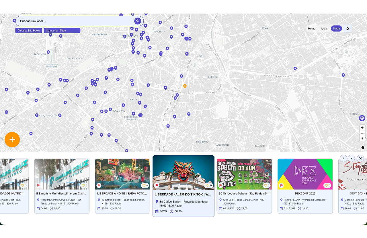 Mapa de eventos do Bora App em tela grande