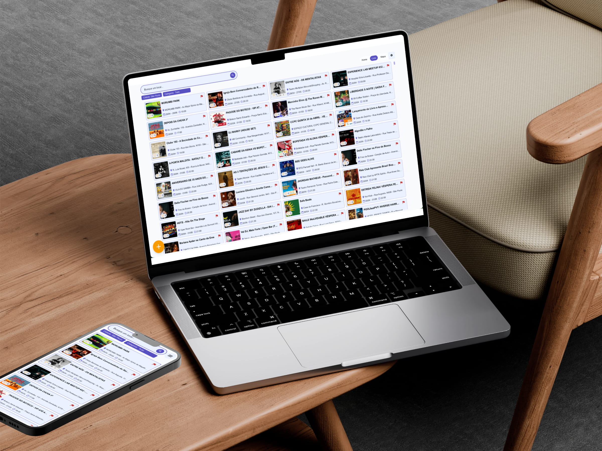 Lista do Bora App com cards de eventos
