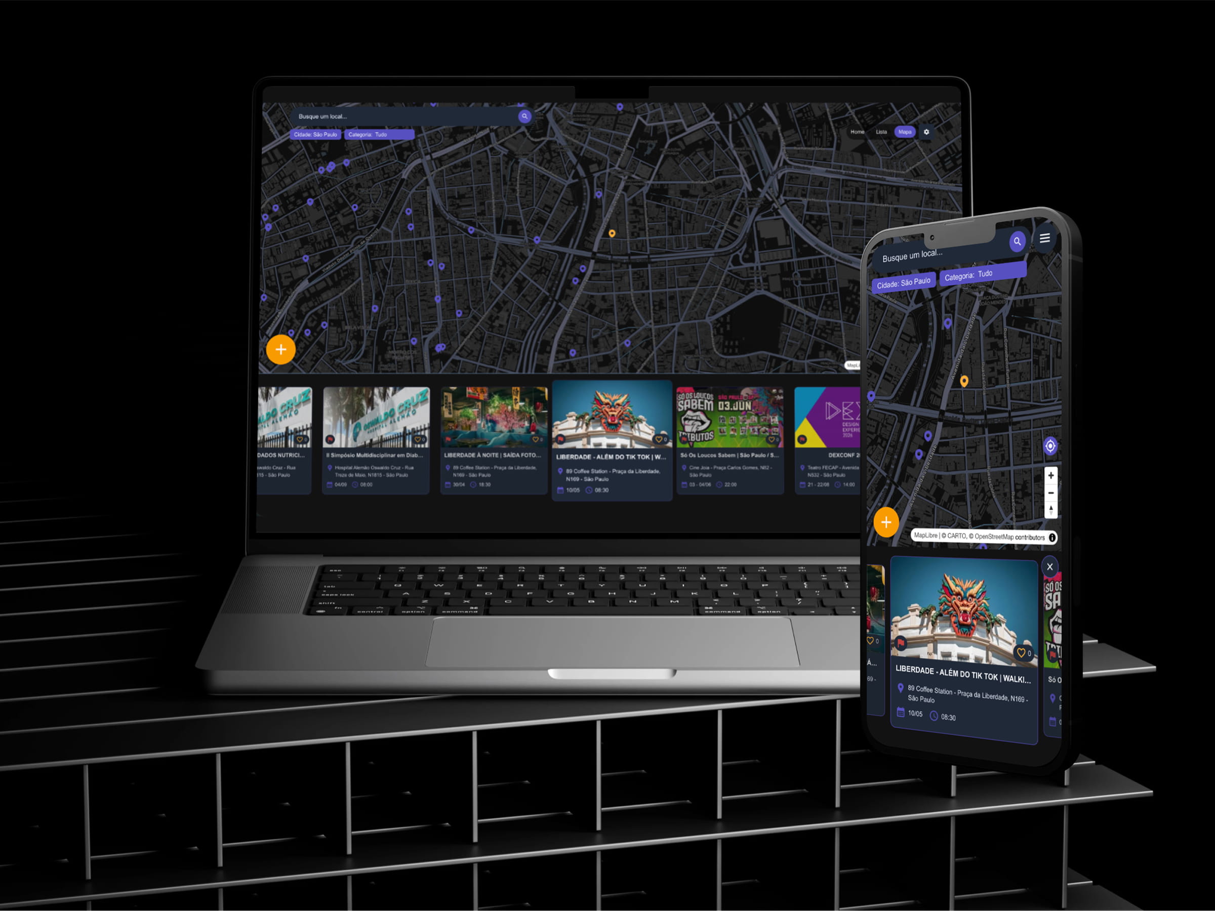 Mapa do Bora App mostrando eventos próximos com pins