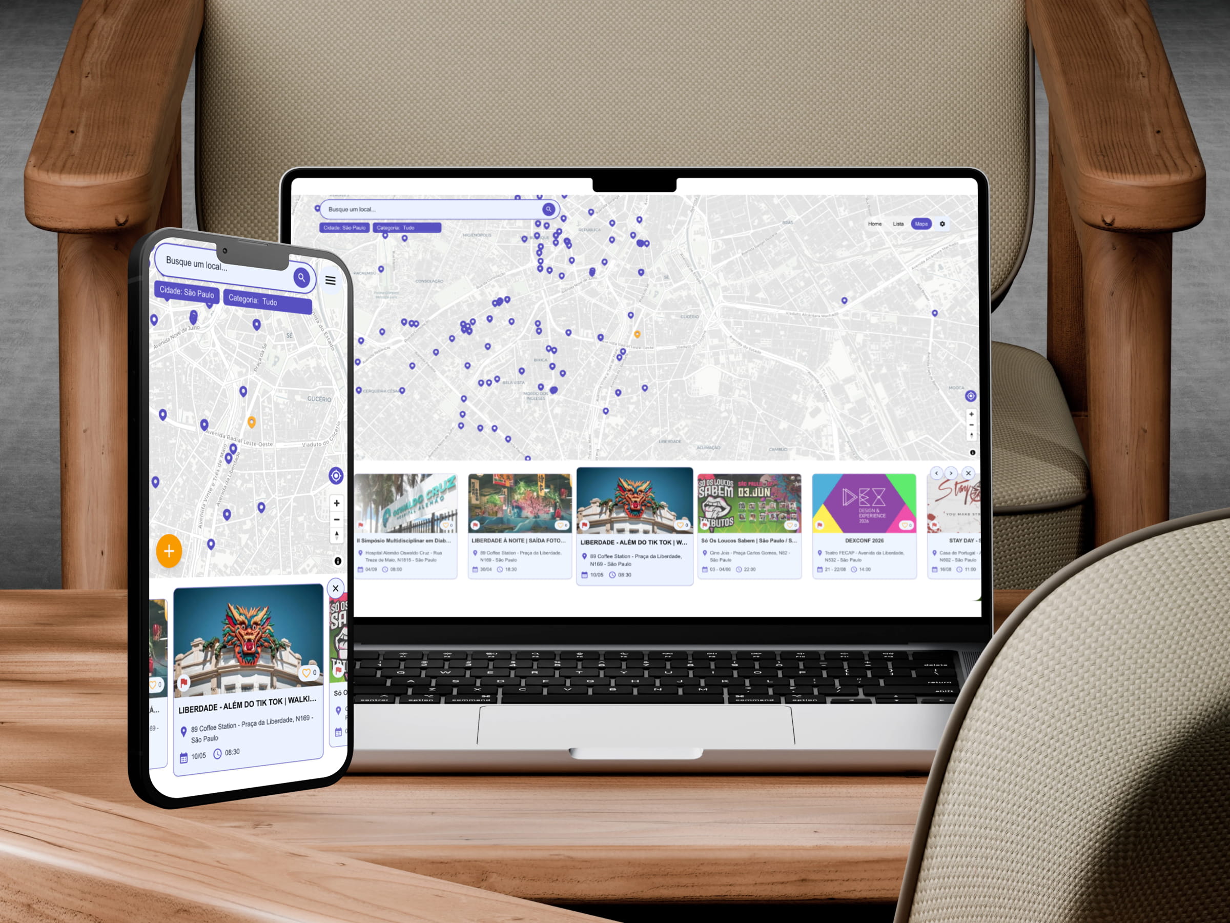 Mapa do Bora App mostrando eventos próximos com pins